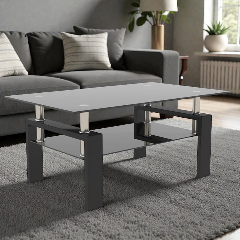 Rectangle Glass Coffee Table with Storage Shelf, Modern Clear Glass Coffee Table with Metal Frame