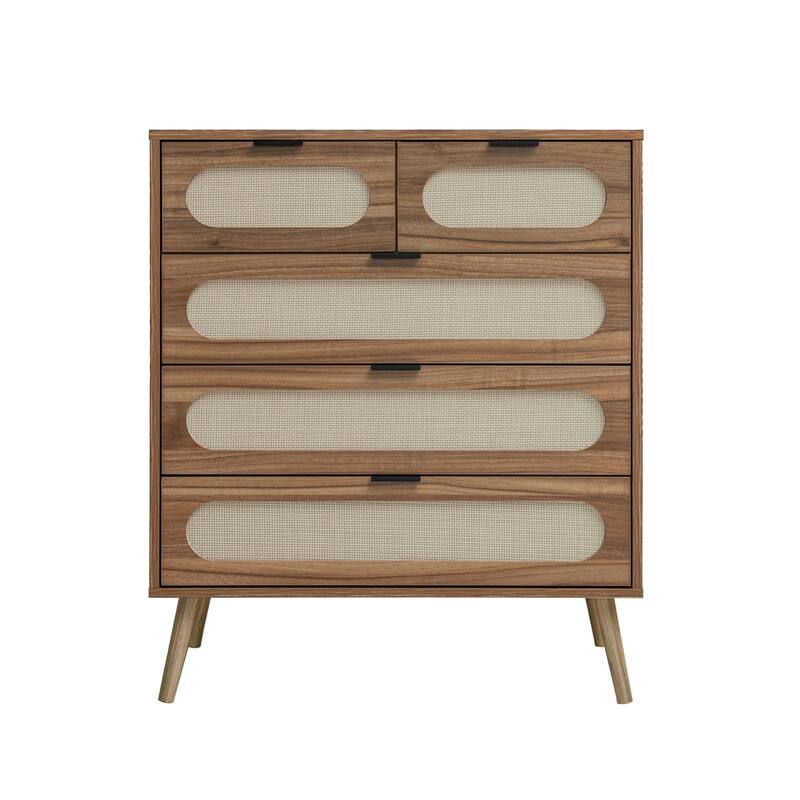 Roomfitters Mid Century 5 Drawer Storage Cabinet, Accent Chest with Rattan Fronts for Bedroom, Walnut