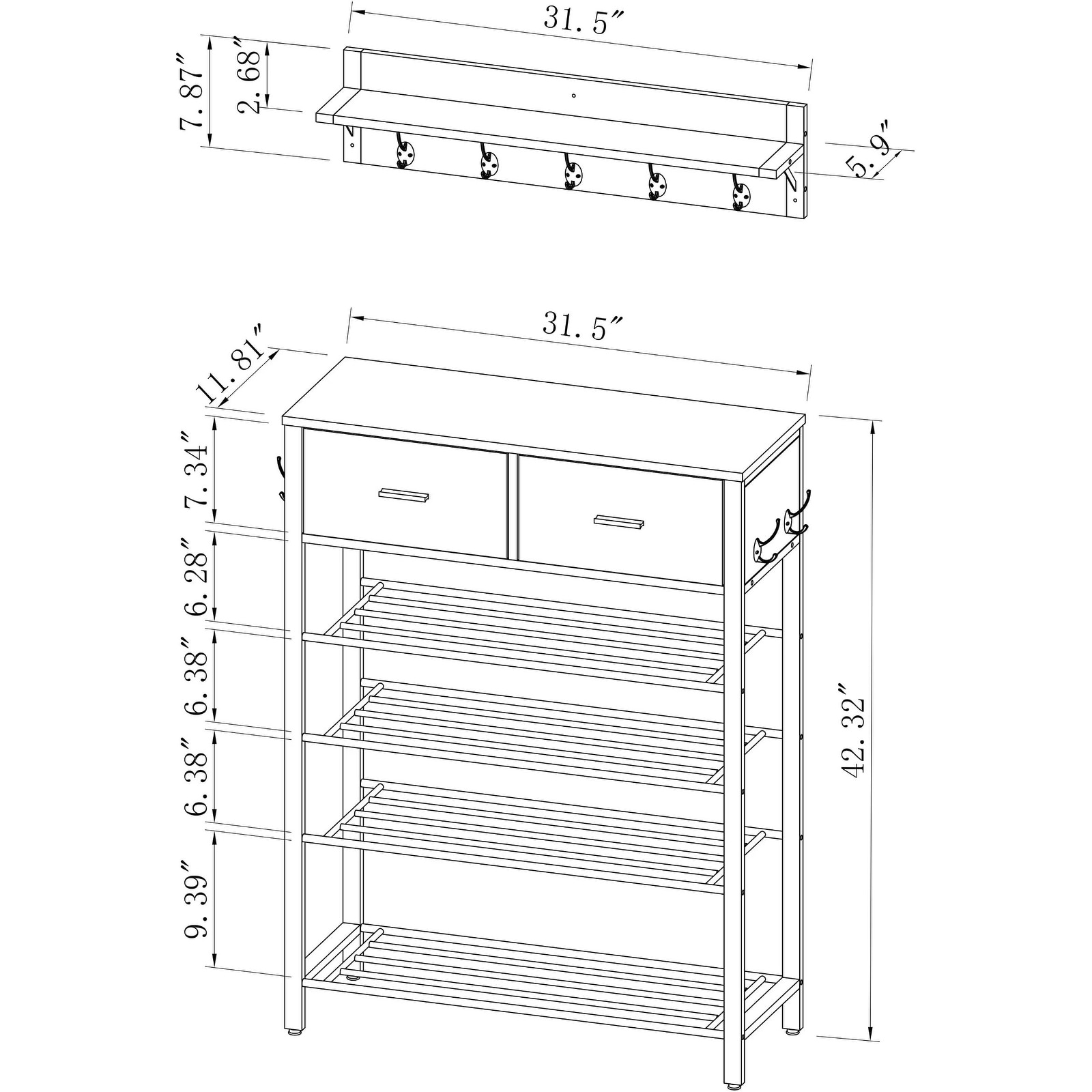 Entryway 4 Tier Shoe Shelf with 2 Drawers and Hooks Coat Rack