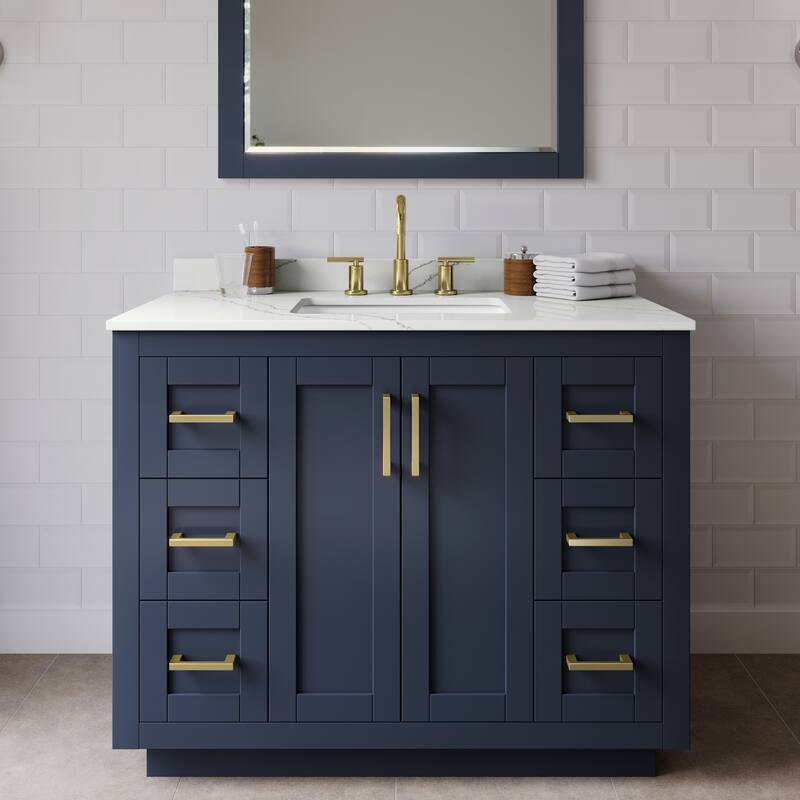Wyndham Collection WCF292942S-QTZ-US3M34 Miranda 42" Free Standing - Dark Blue / Giotto Quartz Top / Brushed Gold