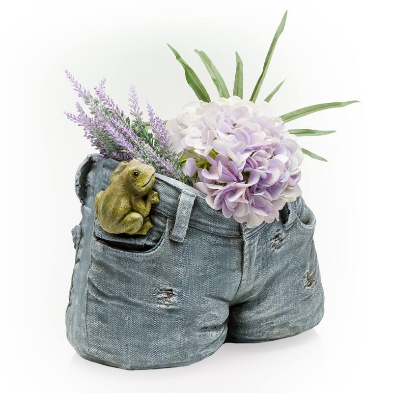 Alpine Corporation 10" Tall Indoor/Outdoor Denim Shorts with Frog Shaped Planter and Yard Decoration - 14"L x 11"W x 10"H