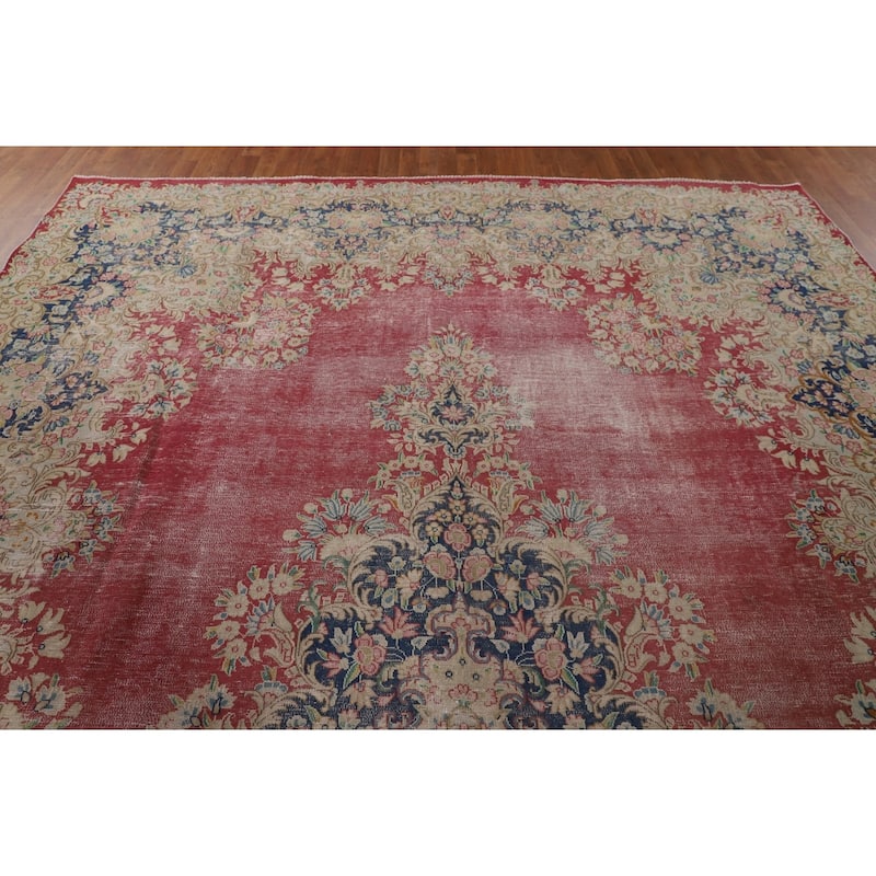 Distressed Pink Kerman Persian Antique Area Rug Handmade Wool Carpet - 9'9" x 13'3"
