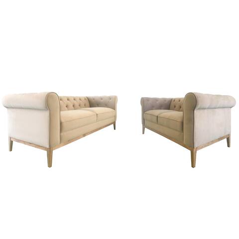 Fabric Upholstered Sofa Set with Button Tufting in Camel and Greige