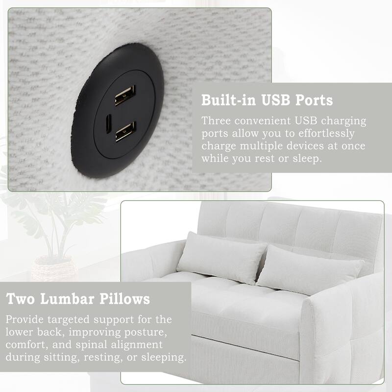 Chenille Loveseat Sofa Pull-out Sofa Bed, Upholstered Futon Sofa Adjustable Backrest Lounge Couch w3 USB Ports & 2 Pillows