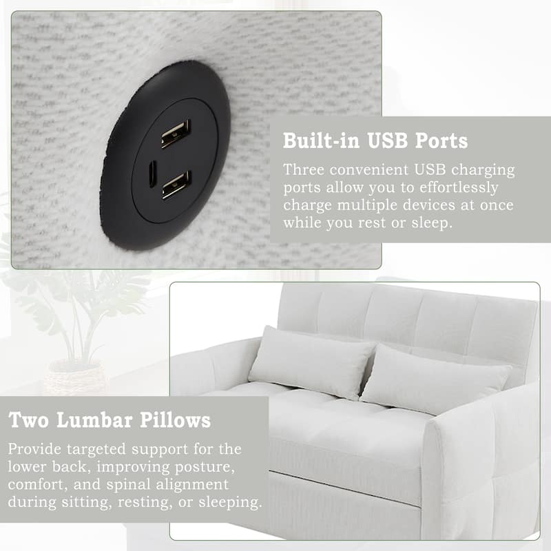 Roomfitters Loveseat Pull-Out Sofa Bed, Tufted Sleeper with Adjustable Backrest, USB Ports, and Lumbar Pillows for Living Room