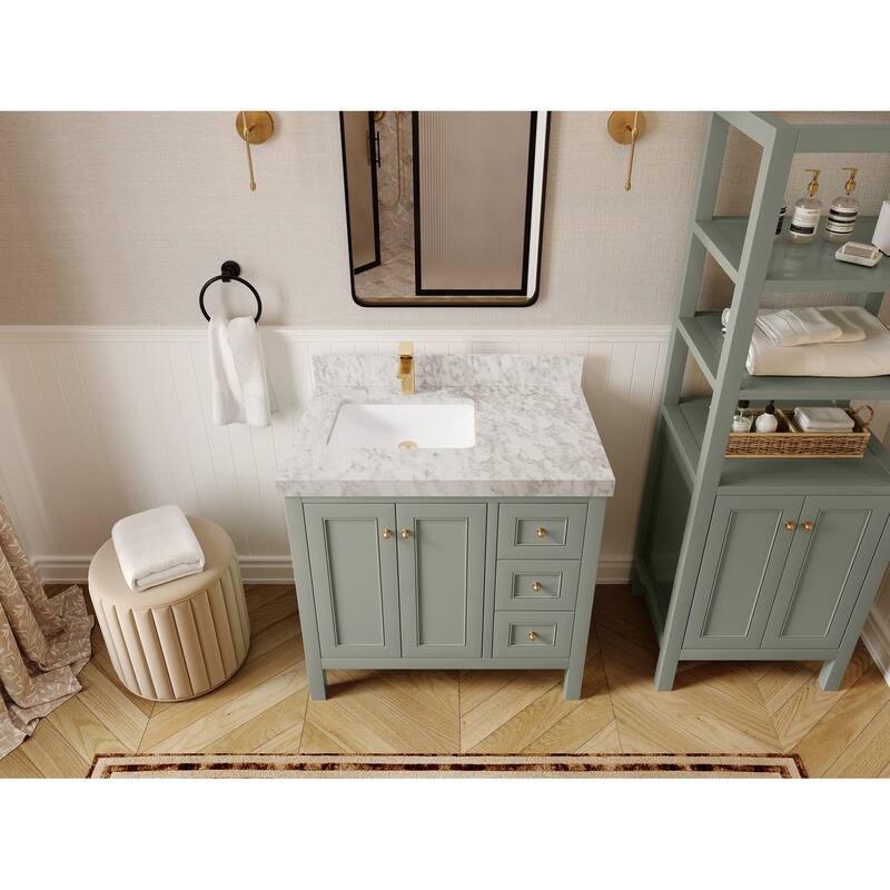 Willow Collections 36 in. W x 22 in. D Nashville Left Offset Sink Bathroom Vanity with Countertop - 2"Carrara Marble - Evergreen