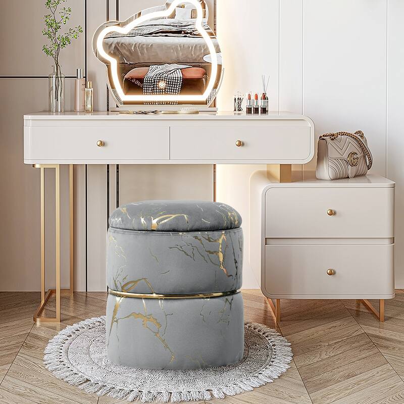 Round Ottoman Set of 2 with Storage, Upholstered Sherpa Vanity Stool for Makeup, Multifunctional Ottomans