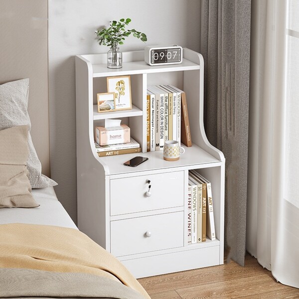 Modern Nightstand with 2 Drawersand Storage Shelf Warm White