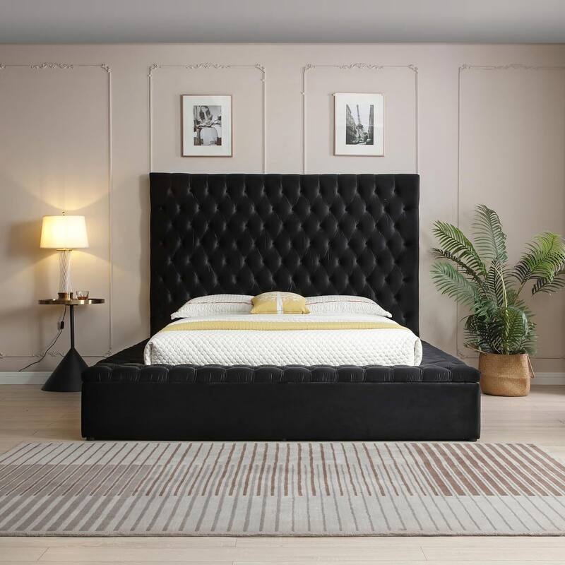 Velvet Tufted Bed with Storage & Headboard - Black Upholstered Platform Bed Frame - Sturdy Wood & Metal - 500lb Capacity