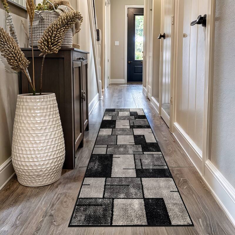 Modern Linear Area Rug for Living Room, Bedroom, or Entryway - Low Pile Indoor Rug - Black - 2' 3" x 12'