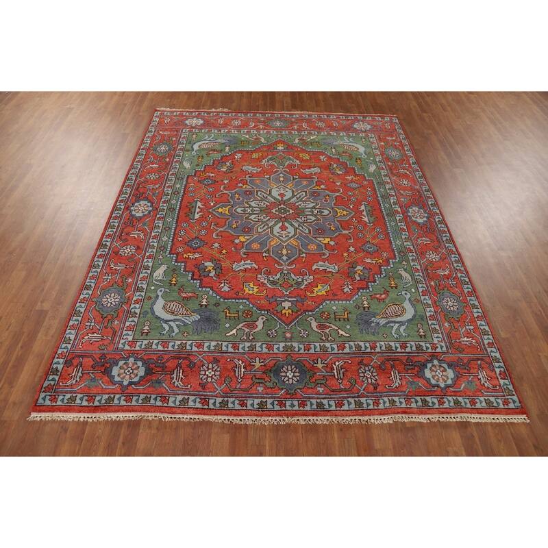 Animals Design Heriz Serapi Indian Area Rug Handmade Wool Carpet - 7'11" x 9'11"