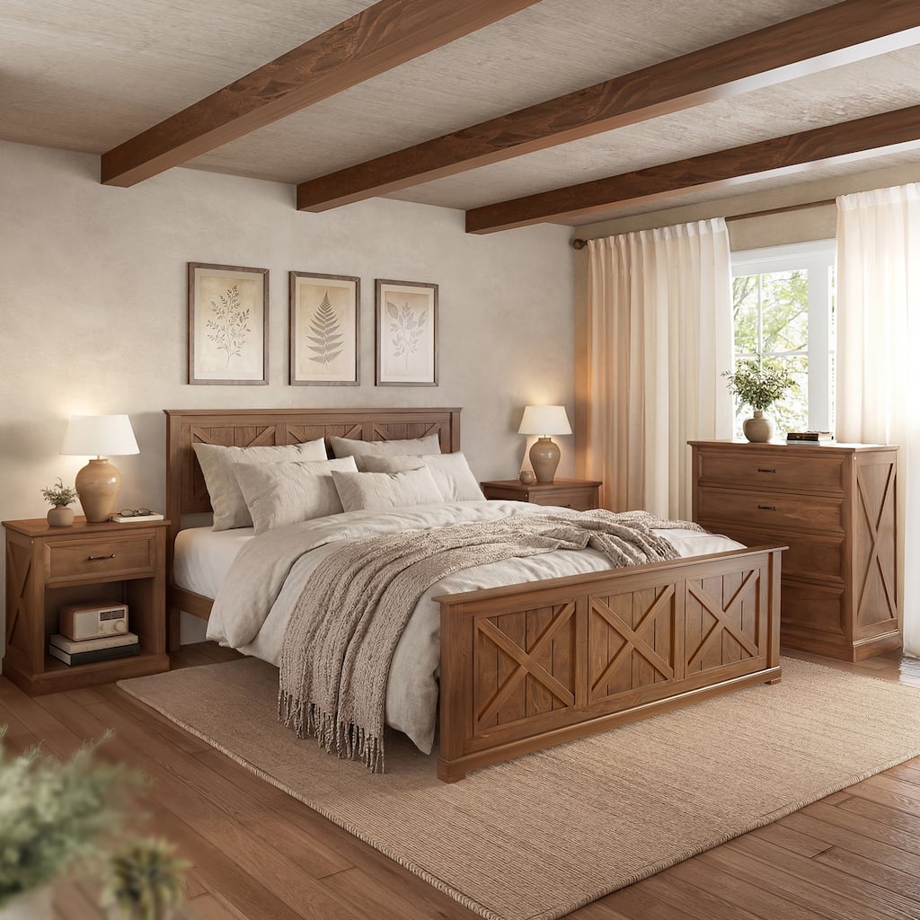 GDFStudio Wells 4 Piece Farmhouse Queen Bedroom Set with Platform Bed 2 Nightstands and Dresser