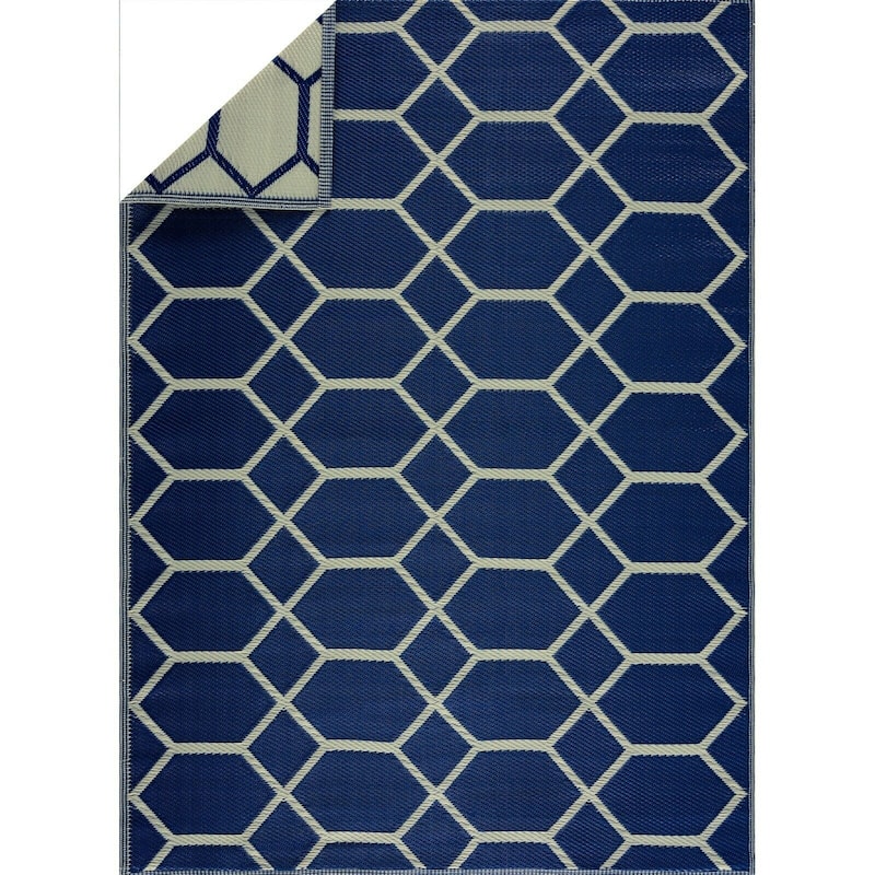 Miami Design 100% Eco-friendly Lightweight Plastic Outdoor Mat/Rug - 5'x7' - Navy&Crème