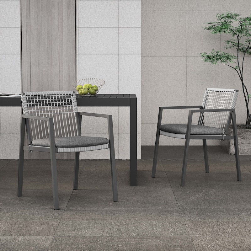 Modern 7-Piece Outdoor Dining Set 70.25" Rectangular Faux Wood Top Dining Table with 6 Rope-Woven Chairs for Patio, Backyard