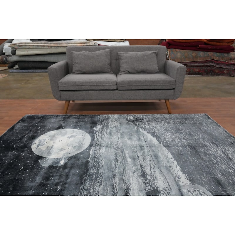 Hand Knotted Oriental Viscose Silk Carpet Modern Pictorial Greys & Charcoal Abstract Area Rug - 7' 7'' X 5' 7''