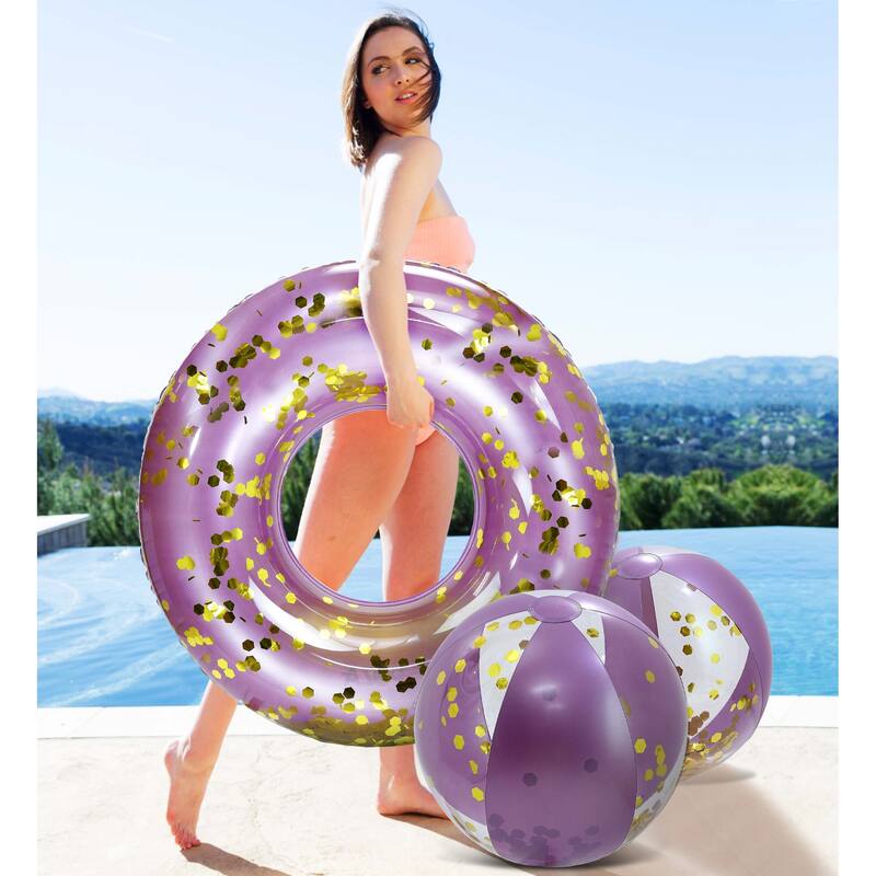 POZA Heavy Duty Inflatable Beach Ball Set of 2 - Purple Gold, 16 Inch - 16 inches