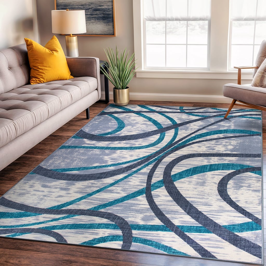 Contemporary Distressed Abstract Lines Non Slip Area Rug