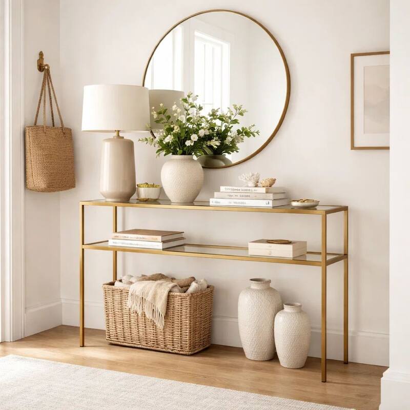 Ted Sofa Console Table w Open Shelf, 48 Inch Glass Top, Gold Iron