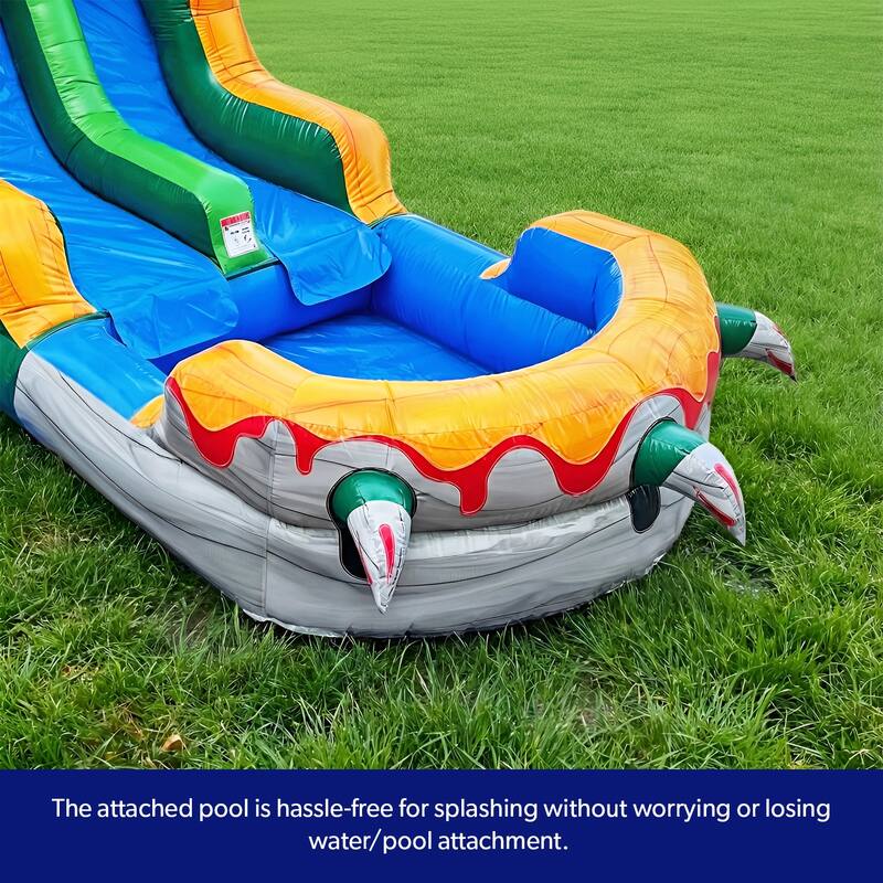 HeroKiddo T-Rex Adventure 12' Tall Dual Lane Inflatable Water Slide with Pool, Commercial PVC, Kids and Adults, Blower Included