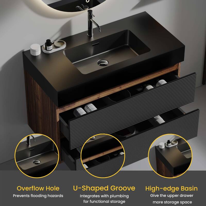 Wall Mounted Bathroom Vanity with Solid Surface Sink and Soft Drawers
