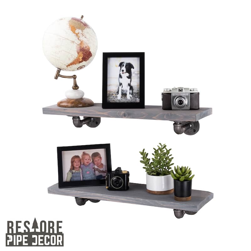 Restore Wood 24 in. Wall Shelf, L-Shape Steel Pipe Brackets, Set of 2 - Riverstone Grey