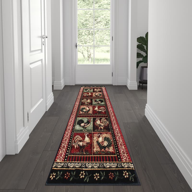 Rustic Cabin Style Vintage Rooster Themed Area Rug - 2' x 7' - Black
