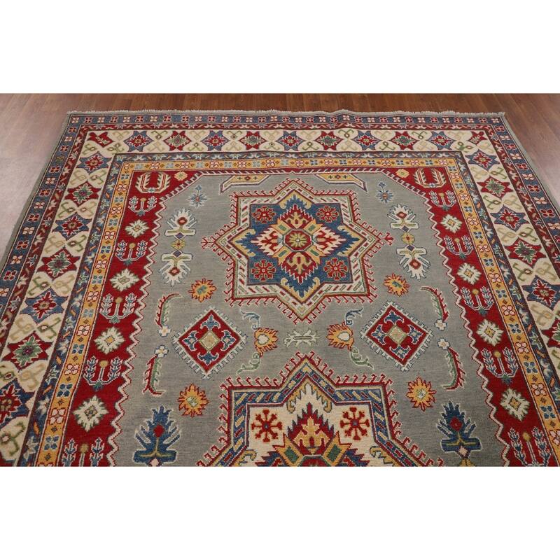 Geometric Grey Kazak Area Rug Handmade Bedroom Wool Carpet - 6'10" x 10'3"