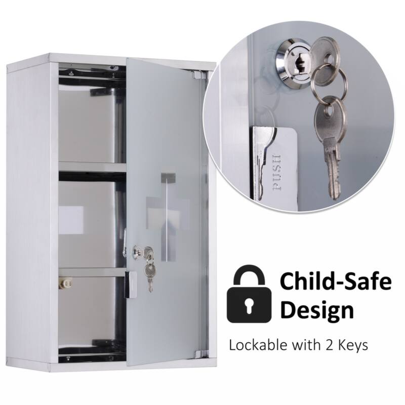 Locking Wall Cabinet with 3 Tier Shelves, Stainless Steel Frame and Glass Door, Lockable with 2 Keys, Silver, 12" x 20"