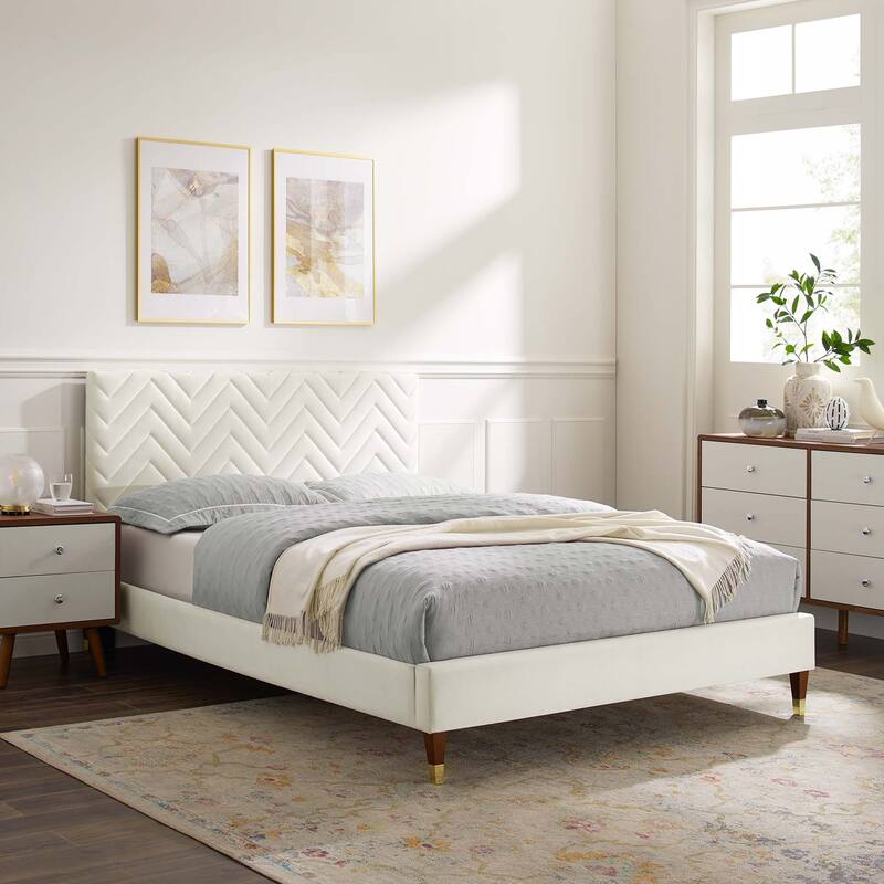 Leah Chevron Tufted Performance Velvet Queen Platform Bed - White