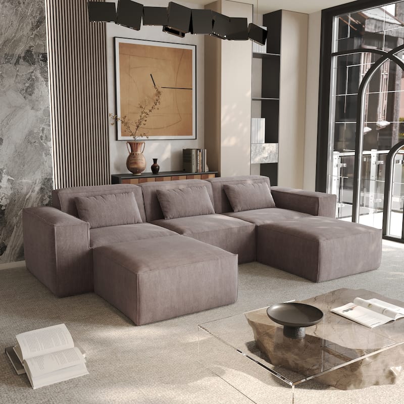 Modern Modular Sectional Sofa with 3 Pillows, Convertible Living Room Couch with Ottomans - Light Brown