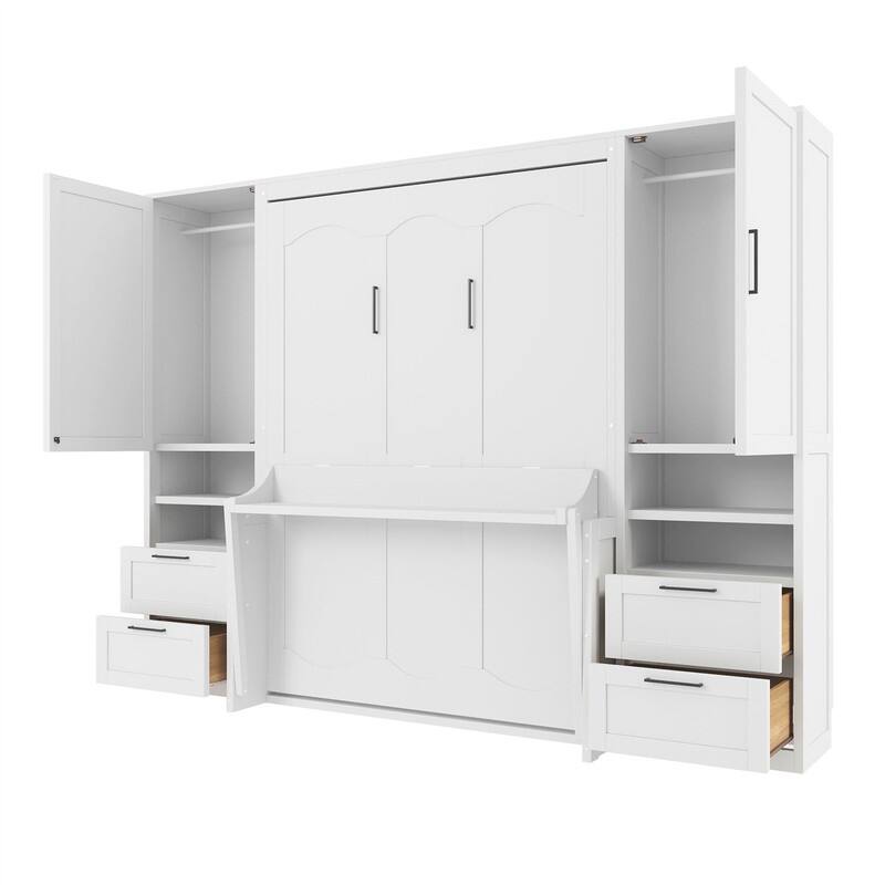 Full Size Murphy Bed Wall Bed with 2 Wardrobes and 4 Storage Drawers, Foldable Space Saving Murphy Cabinet Bed with Open Shelves