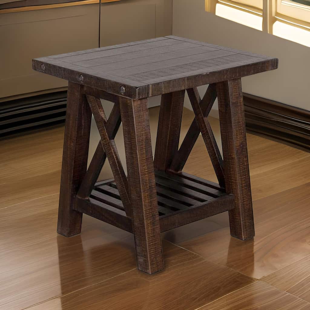 Anva Side End Table, Dark Brown Mahogany, Shelf, Rectangular 24 Inch