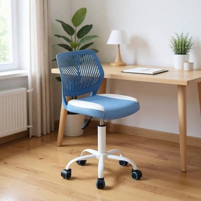 Blue and White Adjustable Height Swivel Rolling Office Chair