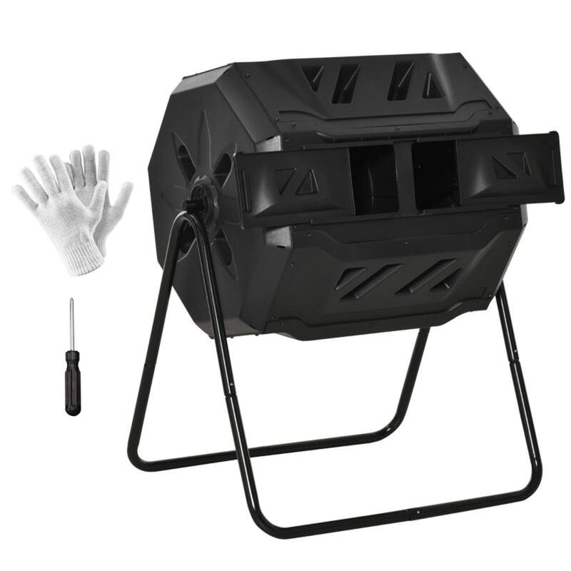 Black Dual-Chamber Compost Tumbler 42 Gallon 360 Degree Rotating Kitchen and Garden Waste Bin with Gloves