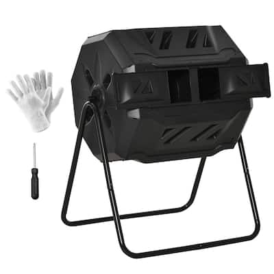 Black Dual-Chamber Compost Tumbler 42 Gallon 360 Degree Rotating Kitchen and Garden Waste Bin with Gloves
