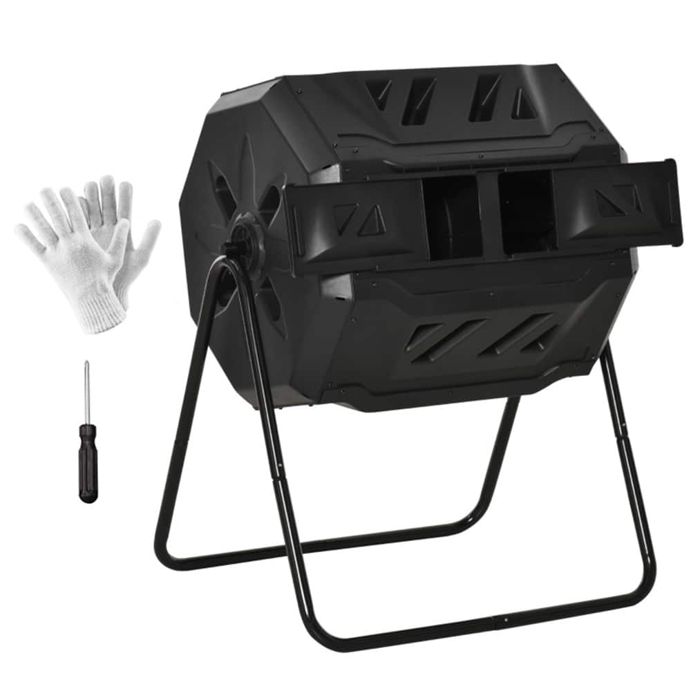 Black Dual-Chamber Compost Tumbler 42 Gallon 360 Degree Rotating Kitchen and Garden Waste Bin with Gloves