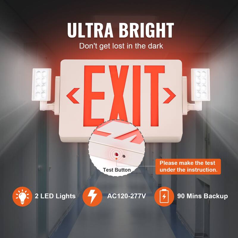UIMOSO LED Exit Sign with Emergency Lights, Two Heads Emergency Exit Light with Battery Backup, Red Letter Fire Exit Lighting