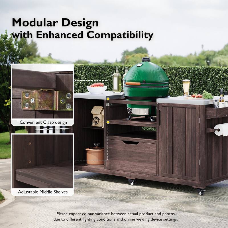 66.5" Solid Wood Outdoor Kitchen Island for Big Green Egg Grills with Stainless Steel Top & Drawer