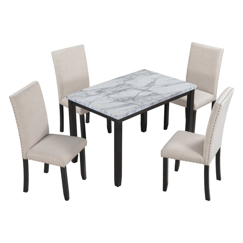 5 Piece Dining Table Set, Wooden Kitchen Dining Table Set with Faux Marble Dining Table and 4 Thicken Cushion Dining Chairs