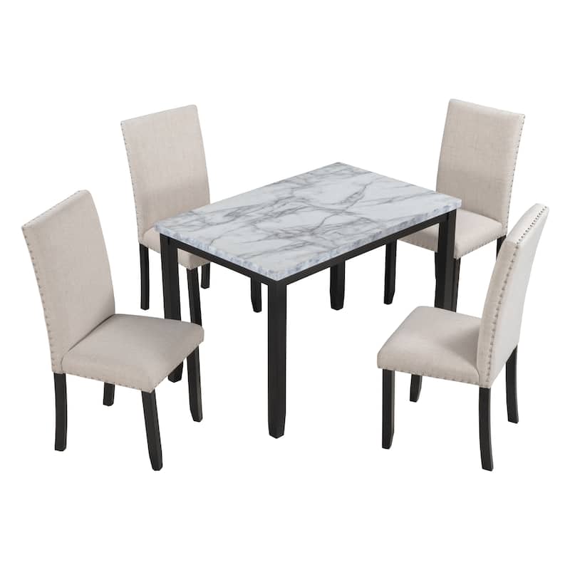 Modern 5-Piece Wooden Dining Table Set with Faux Marble Top & 4 Chairs