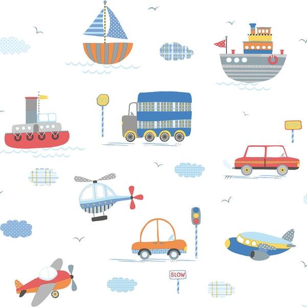 slide 2 of 6, Galerie Wallcoverings Tiny Tots 2 Transportation Non-woven Matte Wallpaper Roll 33 feet x 21 inches - Blue/Orange/Red