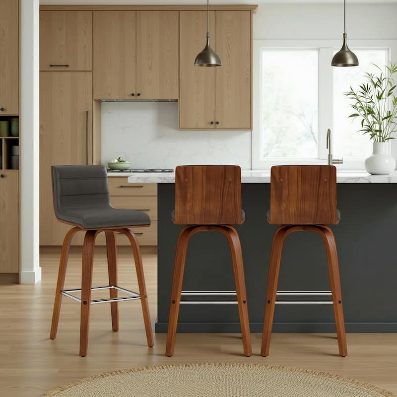 Skara Mid-Century Swivel Counter Stool, Upholstered Counter Height Chair with Bentwood Legs - Grey & Walnut - Set of 3