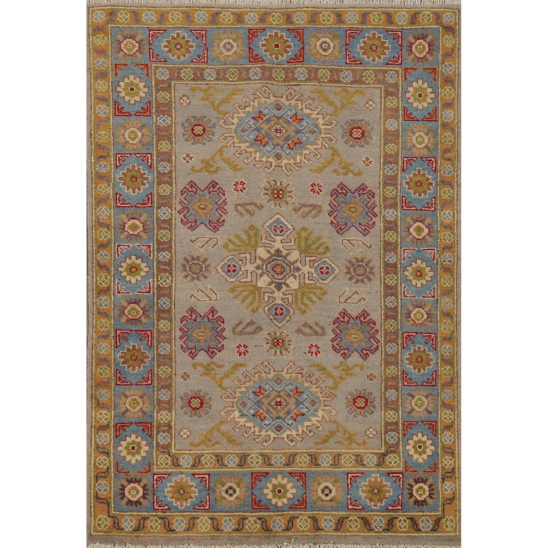 Geometric Red Kazak Accent Rug Hand-Knotted Wool Carpet - 3'2" x 4'8"