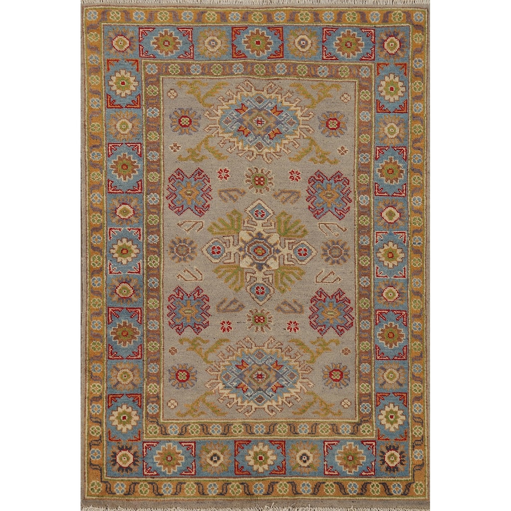 Geometric Red Kazak Accent Rug Hand-Knotted Wool Carpet - 3'2" x 4'8"