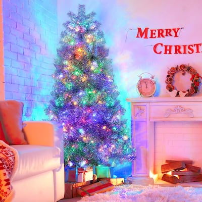 6FT Pre-Lit Artificial Christmas Tree, Hinged Full Tree with Metal Stand, 800 Branch Tips, 300 LED Lights,11 Lighting Modes