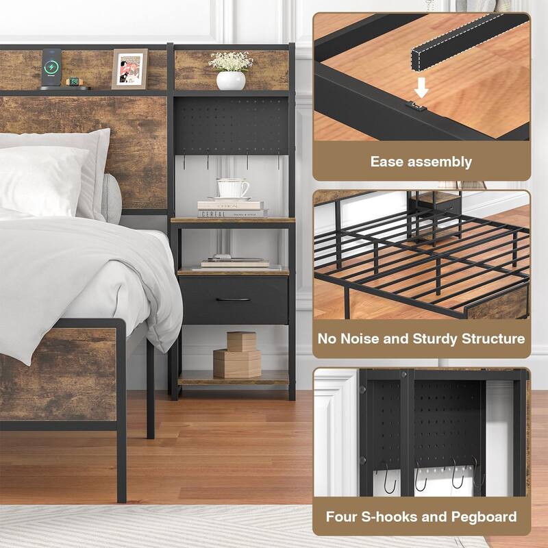 Rustic Brown Bed Frame (Queen/King) with 2 Sliding Nightstands & Bookcase Storage Headboard