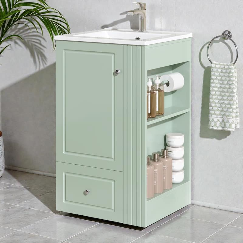 20" Small Bathroom Vanity with Ceramic Sink, Soft-Close Drawer, Open Shelves & Towel Bar, Modern MDF Freestanding Cabinet