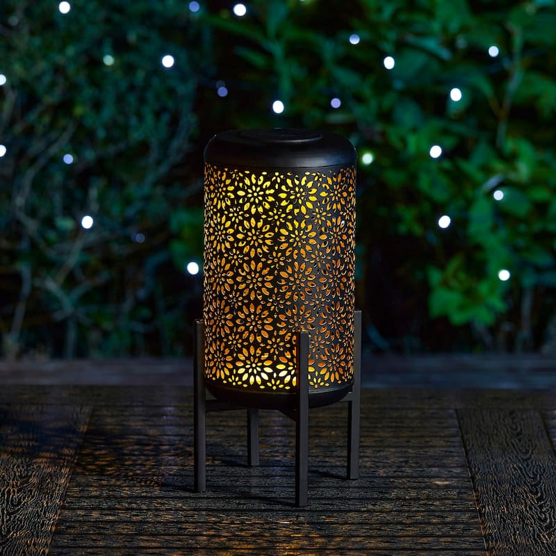 Glitzhome 14"H Outdoor Metal Cutout Flower/Leaves Solar Light Standing Lanterns Waterproof