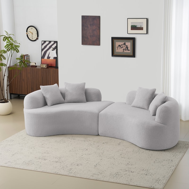 Curved Four Seater Full Compression Sponge Sofa,Teddy Velvet Fabric, No-Assembly Compact Sofa