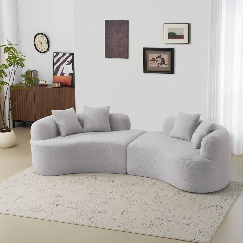 Curved Four Seater Grey Sofa, Teddy Velvet Fabric, No-Assembly for Small Spaces